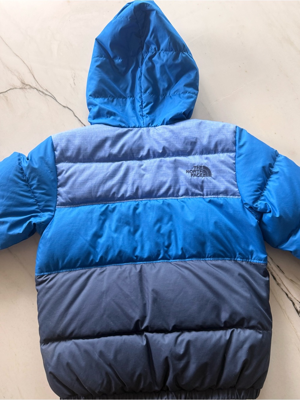 The North Face Blue Colorblock Hooded Puffer Jacket